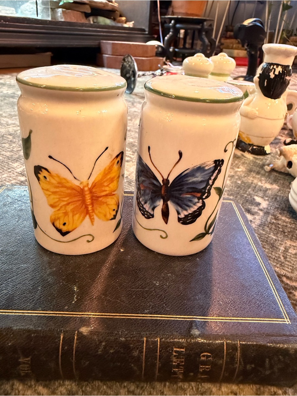 Hand-Painted Butterfly Ceramic Salt and Pepper Shakers - Yellow & Blue